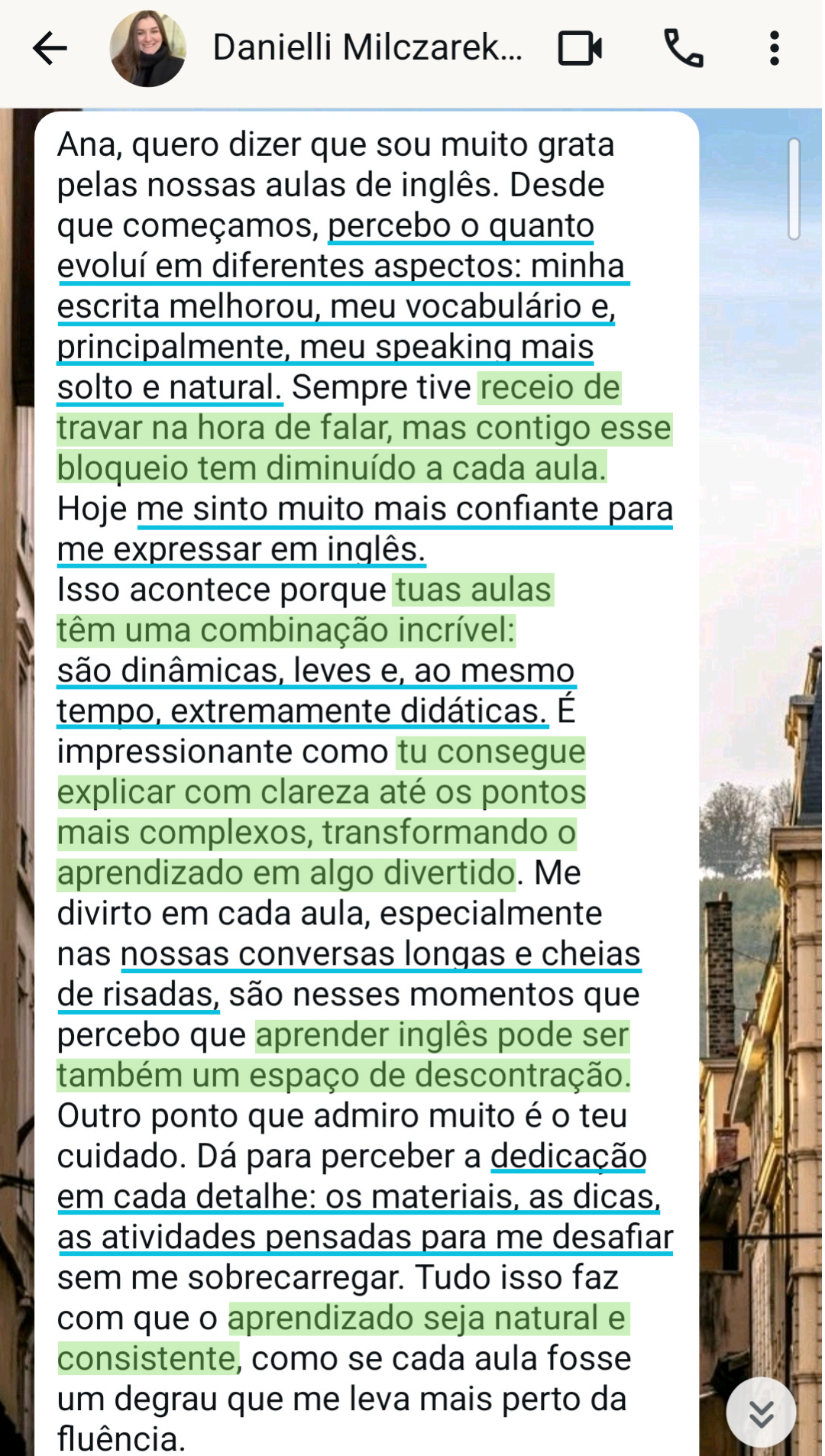 Print de conversa no WhatsApp com depoimento da aluna Danielli
