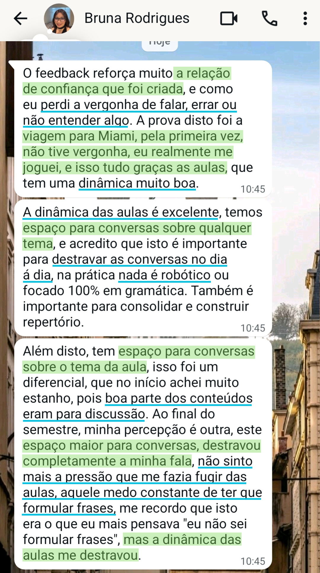 Print de conversa no WhatsApp com depoimento da aluna Bruna
