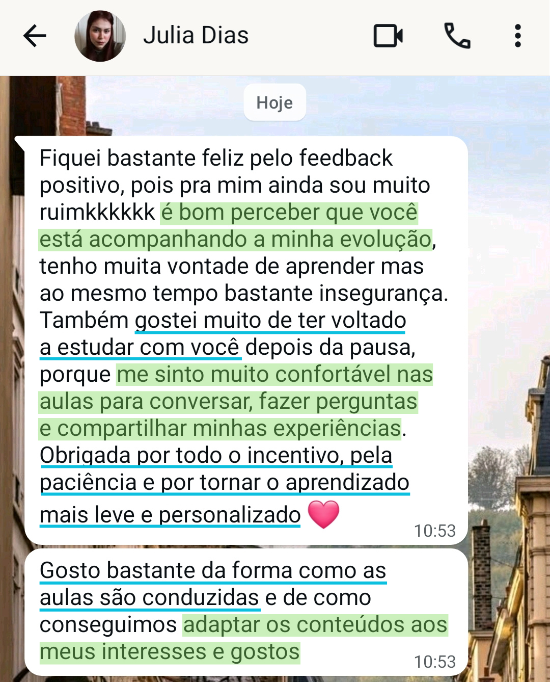Print de conversa no WhatsApp com depoimento da aluna Júlia