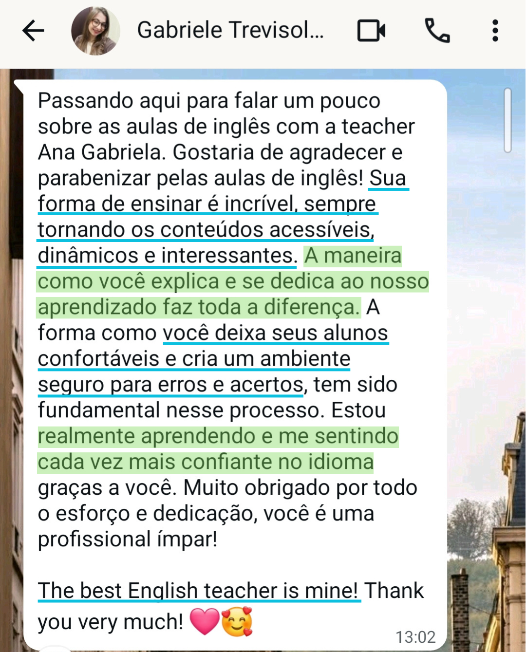 Print de conversa no WhatsApp com depoimento da aluna Gabriele