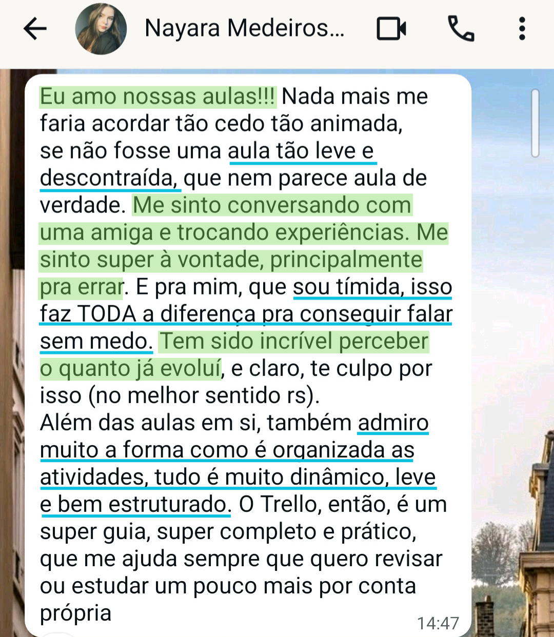 Print de conversa no WhatsApp com depoimento da aluna Nayara